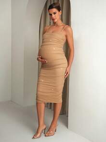 MaterniChic Elegant Maternity Champagne Summer Pregnant Women's Shiny Pleated Fitted Dress Luxury Party Photoshoot Formal Wedding Baby Shower - Khaki - View 3