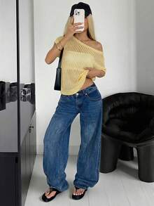 SHEIN EZwear 纯色镂空透视不对称领露肩休闲毛衣 - 鵝黃色 - 查看 5