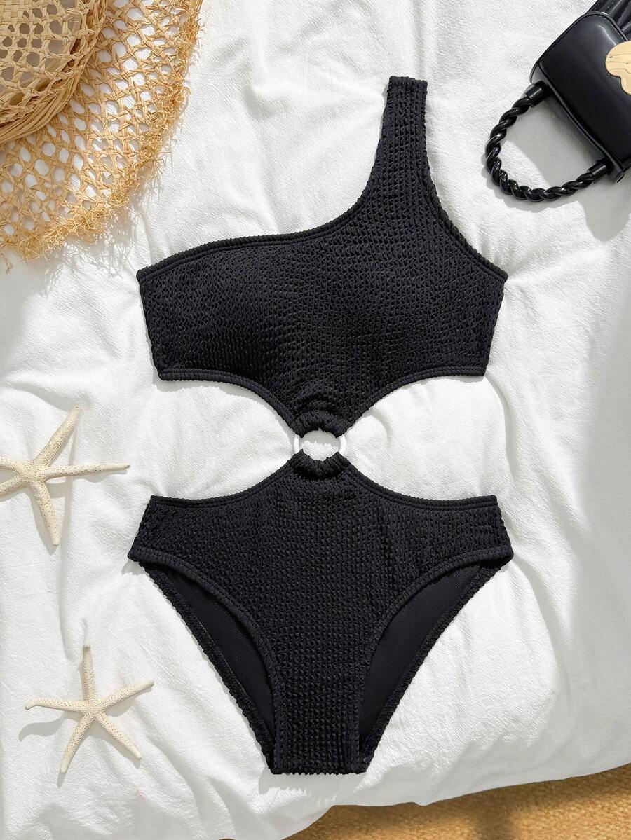 SHEIN Tween Girls One-Piece Swimsuit,Black Wave Pattern Knit Fabric One Shoulder Strap Center Ring Cut Out Monokini,Casual Summer Beach Vacation Holiday - Black - View 1