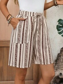 EMERY ROSE Women's Casual Vacation Printed Pocket Drawstring Shorts Summer Woman Beach For Boho - Brown - View 5