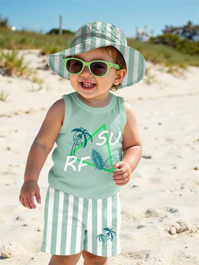 SHEIN Classic Striped Print Soft & Comfortable Casual Outfit For Baby Boy, Suitable For Spring/Summer Wave & Surfing Print Graphic Casual Outfit For Baby Boy, Suitable For Spring/Summer