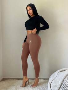 SHEIN SXY Business Casual Embroidered Solid Color Leggings - Coffee Brown - View 7