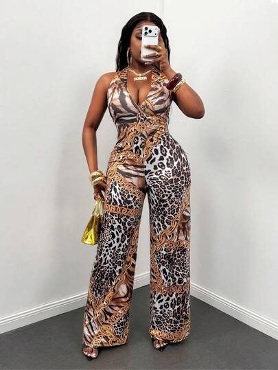 Glyssa Mono largo de mujer de pierna recta, ajustado, con cuello en V profundo, sin mangas, estilo halter y espalda descubierta, con estampado de leopardo