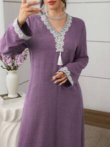 Al Najma Embroidered Loose Elegant Long Sleeve Turkish & Arabic Traditional Maxi Dress For Women - Purple - View 1