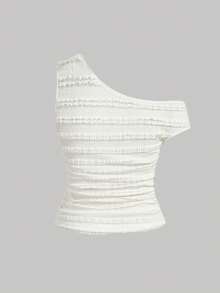 SHEIN MOD 大码露肩金属扣纹理面料上衣，甜美夏季休闲装 - 米色 - 查看 2