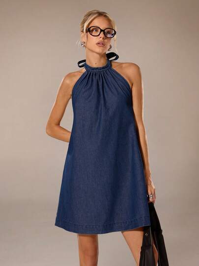 Avantive Mid-Blue Denim Halter-Neck Loose A-Line Short Dress Summer Spring Outfits Festival Beach Outfit For Women Casual Office Wear Country Concert Vacation Street Style