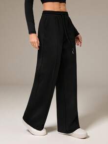 SHEIN Tall Black Drawstring Waist Oblique Pocket Casual Women Sports Pants - Black - View 5