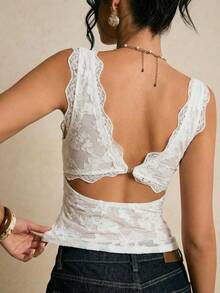 Poéselle 女士V领蕾丝边时尚百搭上衣，适合约会和外出穿着 - 米色 - 查看 2