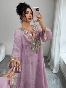 Yasmyna 女士雪纺提花宽松长袖优雅浪漫土耳其阿拉伯连衣裙 - 淡紫色 - 查看 6