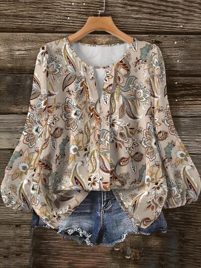 EMERY ROSE 大码女式休闲花卉植物印花圆领长袖上衣，植物印花衬衫，秋季穿搭，乡村音乐节衬衫，女式春秋季上衣，户外服装，2026新款