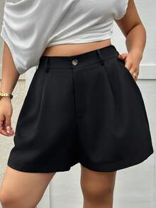 Dazy Plus 大码女式休闲纯色直筒PU皮短裤，秋冬款 - 黑色 - 查看 8