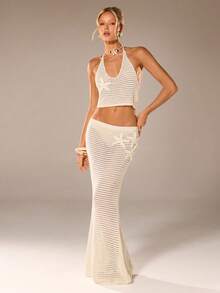 Avantive Đầm du lịch nữ móc len họa tiết sao biển và đuôi cá, khoét rỗng, thích hợp mặc đi nghỉ mát. - trắng - Xem 7