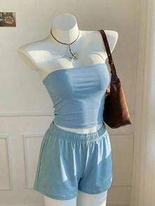 Comfortcana 2pcs Women's Casual Solid Color Blue Top/Tank And Shorts Set, Spring/Summer - Blue - View 3