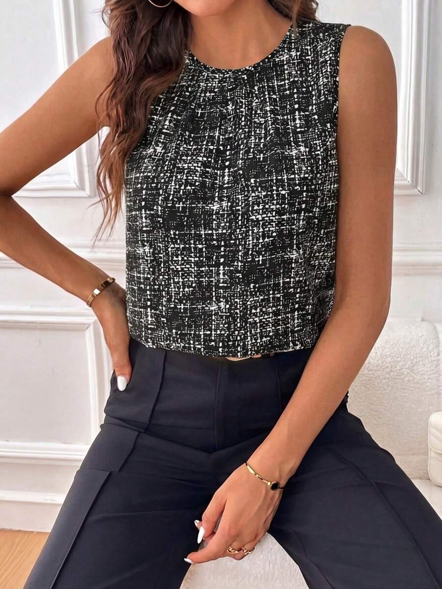 SHEIN Clasi Áo kiểu nữ thanh lịch cổ tròn xếp ly dáng chữ H rộng rãi, thoải mái, đa năng, thích hợp mặc đi làm, áo công sở nữ, áo đen nữ, áo không tay nữ, áo mùa hè. - Đen và trắng - Xem 1