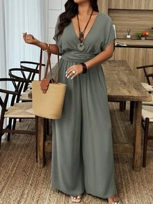 SHEIN PETITE CURVE Plus Size Women's Casual Solid Color Batwing Sleeve Jumpsuit, Suitable For Daily Wear And Vacation - Army Green - View 4