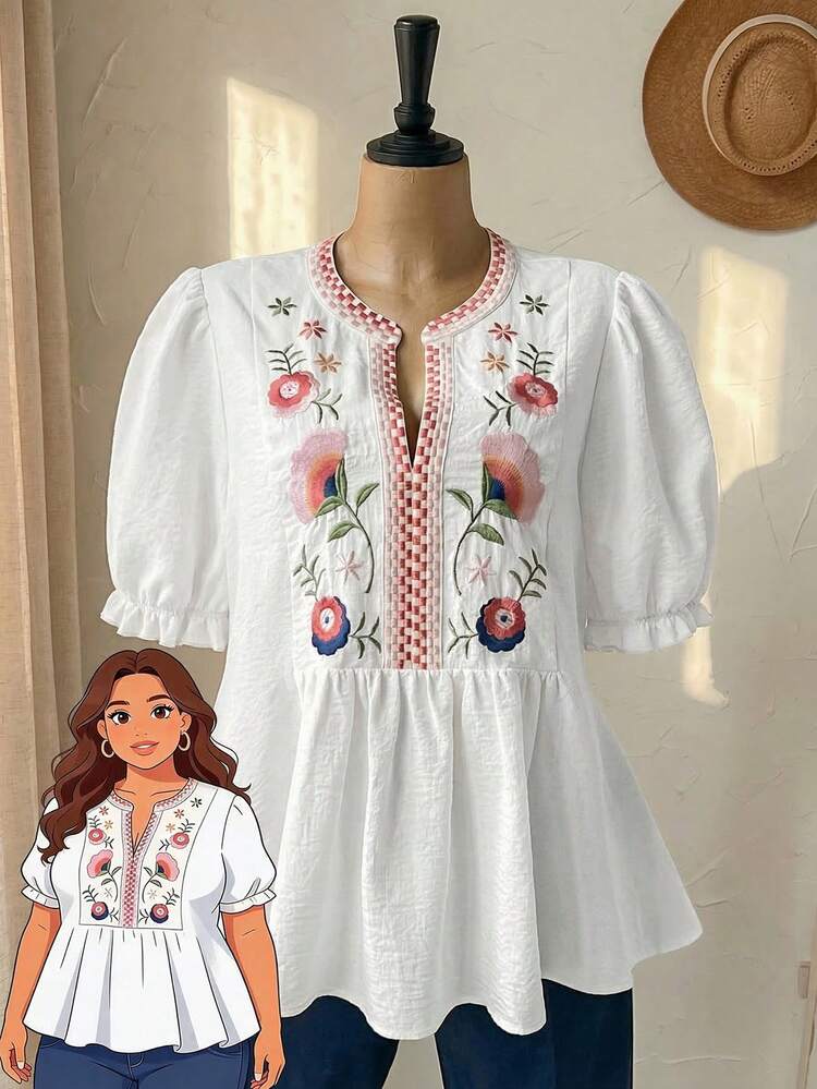 Plus Size Women Floral Embroidery V-Neck Petal Sleeve Blouse Women S Tops And Blouses Women S Spring Dress Summer Dress Summer Outfits For Women Spring Clothing Spring Outfit Beach Outfits For Women Vacation Outfits Women Summer Holiday Outfits Country Style For Women Summer Tops
