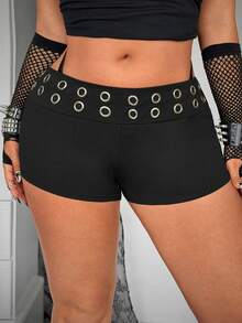 Whyspr Plus Size Women's Punk Style Tight Fitting Distressed Denim Shorts - Black - View 1