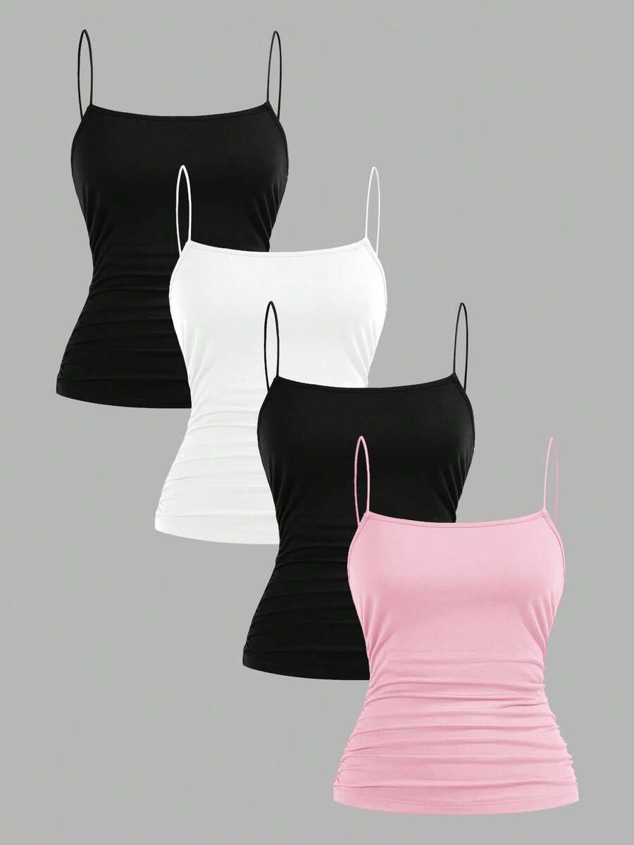 SHEIN EZwear 4件套女士彩色侧褶皱修身休闲吊带背心套装,适合夏季穿着 - 彩色 - 查看 1