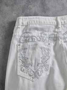 Manfinity ZONE917 Calça jeans masculina casual bordada, solta e de perna larga - Branco - Ver 5