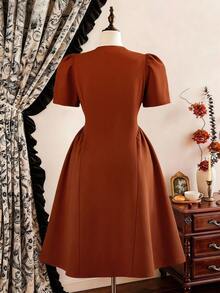 DreamSkyne Plus Size Women's Woven Regular Early Spring Elegant Retro Date Contrast Color Collar Bow Tie Petal Sleeve Brown Dress - Brown - View 2