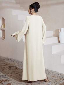 Al Najma Luxurious Embroidered & Beaded Loose Long Sleeve Split Maxi Dress, Turkish & Arabic Traditional Style - Apricot - View 2