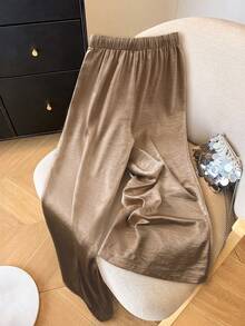 SHEIN Franclia Women's Spring/Summer Embossed Pattern High Waist Wide Leg Pants, Acetate Chiffon Fabric, Loose Fit Casual Trousers - Champagne - View 2