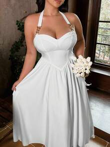 Lyrianda Vestido con cuello halter y decoración metálica para mujer de talla grande - Blanco - Ver 3