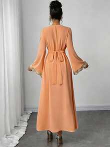 Rafferiza 女士宽松V领荷叶边长袖长袍，土耳其长袍，阿拉伯长袍 - 西瓜粉 - 查看 2