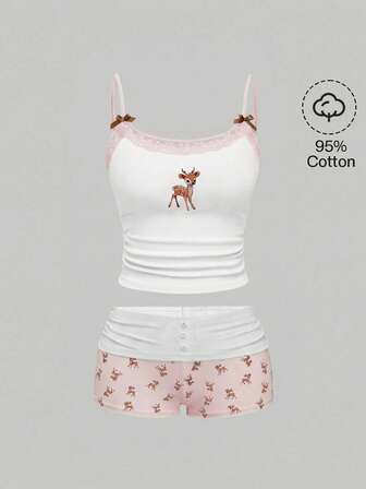 J-Fashion Cute Deer Embroidered Lace Blouse Paired With Deer Print Shorts