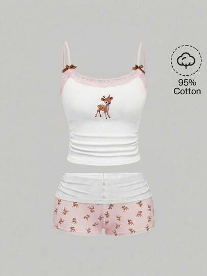 J-Fashion Cute Deer Embroidered Lace Blouse Paired With Deer Print Shorts