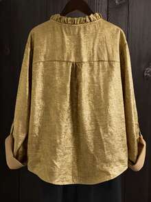 EMERY ROSE 2026 Blusa de mujer talla grande de primavera, de moda casual y versátil, con cuello dorado brillante y volantes, mangas largas con puños y escote en V pequeño, adecuada para la primavera - Dorado - Ver 2