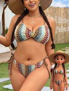 Swim Vcay Multicolor Striped Knitted Plus Size Bikini With Bandeau Top And Tie Side Bottom - Multicolor - View 1