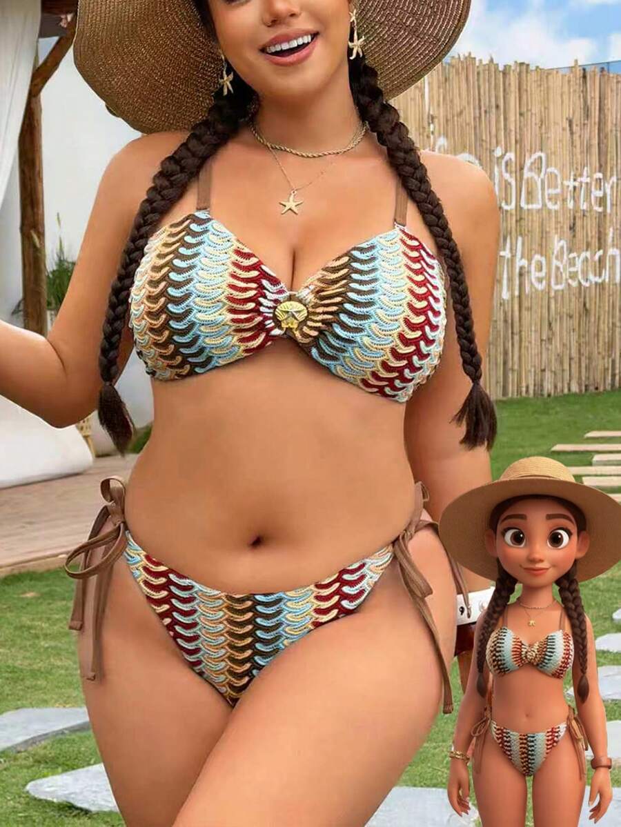 Swim Vcay Multicolor Striped Knitted Plus Size Bikini With Bandeau Top And Tie Side Bottom - Multicolor - View 1
