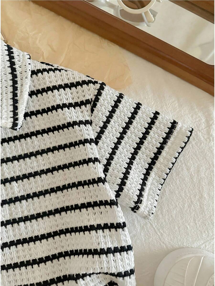 LMoss Kids Baby Boy White French Fry Striped Short Sleeve Shirt, Summer - Black and White - View 1