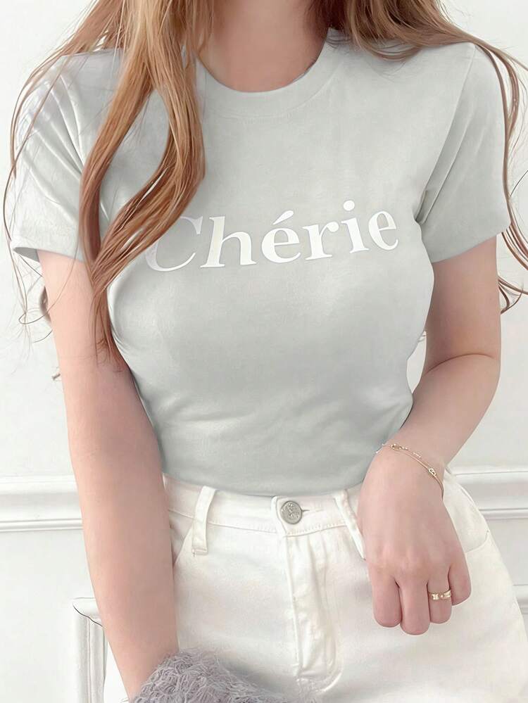 Women's Letter Print Slim Fit T-Shirt Summer,Graphic Tees Preppy Tops