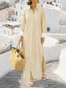 Breezaya 女士休闲条纹长衬衫裙 - Butter Yellow - 查看 4
