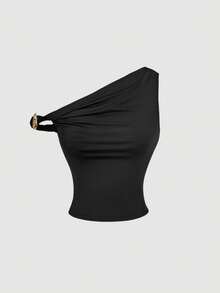 SHEIN MOD Bộ đồ 2 món thời trang hè dành cho nữ: Áo ôm sát cổ bất đối xứng đính kim loại và chân váy ngắn đính sequin. - màu đen - Xem 8