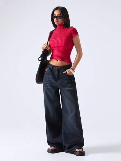 LYSMO Women's Casual Commuting Minimalist Solid Color High Neck Cap Sleeve Asymmetrical Hem Fitted Knit Top