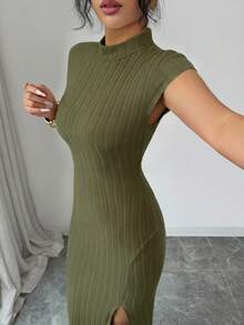 Elenzga Đầm dài nữ cổ đứng, có mũ, eo bo thun, xẻ tà, thanh lịch, thích hợp cho công sở. - xanh quân đội - Xem 5