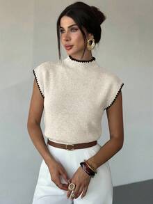Firerie Áo vest len không tay cổ cao dáng rộng thanh lịch, đa năng dành cho nữ, thích hợp cho các buổi hẹn hò, phong cách sang trọng. - Màu be - Xem 11