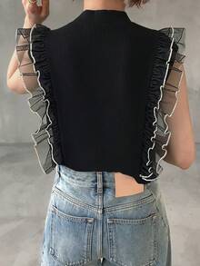 FRIFUL Women's Turtleneck Ribbed Tank Top With Mesh Ruffle Trim Sleeveless Patchwork T-Shirt Summer - Black - View 3