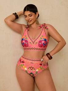 Travachic Plus Size Tropical Print Vacation Casual Beach Wear, Halter Neck Bohemian Style Printed 2-Piece Swimsuit For Women - Multicolor - View 6