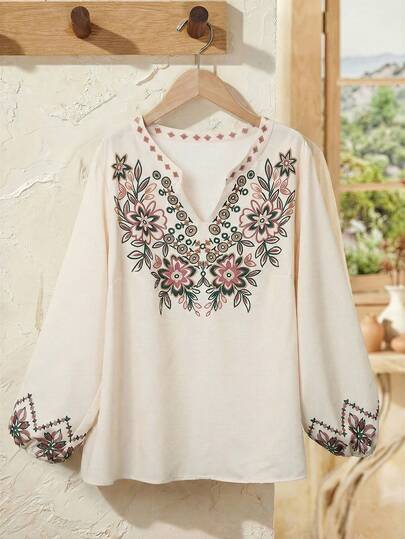 EMERY ROSE Plus Size Women's Woven Regular Early Spring Casual Comfortable Commute Faux Embroidery Print Lantern Sleeve Apricot Blouse