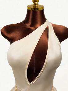 Mistrie French Sensual Style Beige Asymmetrical Shoulder Sleeveless Hollow-Out Bodycon Dress, Sexy Design Halter Neck Ruched Waist Metal Button Ruffle Hem Cake Dress, Suitable For Dates/Parties - Apricot - View 6