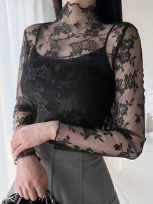 FRIFUL 女士春夏性感薄纱花卉蕾丝百合长袖修身衬衫（不含吊带背心） - 黑色 - 查看 4