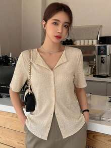 DAZY Textured Fabric Cardigan, Casual Versatile Short Sleeve T-Shirt Summer - Camel - View 3