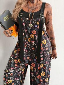 SHEIN Tall CURVE Grunge 复古撞色口袋个性化街头度假学院印花高个加大码女式连体裤 - 彩色 - 查看 7
