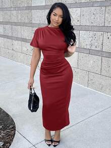 Alexandranx New Solid Color Versatile Elegant Intellectual Minimalist Office Commute Ruched Decor Loose Top Tight Skirt Long Sleeve Midi Dress,Elegant Dresses For Women,Fall Wedding Guest Dress,Wedding Guest Dress Women - Burgundy - View 6