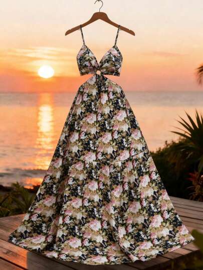 SHEIN Elenzya Vestido Longo Feminino Plus Size Azul Marinho e Branco com Estampa Floral Miúda, Decote em V e Costas Abertas com Laço, Confortável para Uso Casual/Festa, Verão