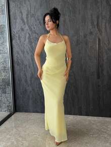 Vassilux Women's Sexy And Elegant Chiffon Cowl Draped Neck Open Back Beaded Chain Decor Bodycon Long Maxi Dress, Yellow Butter Maxi Dress,Women Dating Dress,Women Night Out Dress, Summer Dresses For Women, Honeymoon Outfits Woman .Women Wedding Guest Dress. Island Vacation Outfits,Birthday Dresses For Women,Club Outfits Women Sexy Party - Light Yellow - View 2